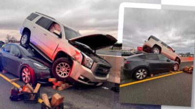 Kanada’da meydana gelen kazada GMC Yukon’un adeta altında kalan Tesla