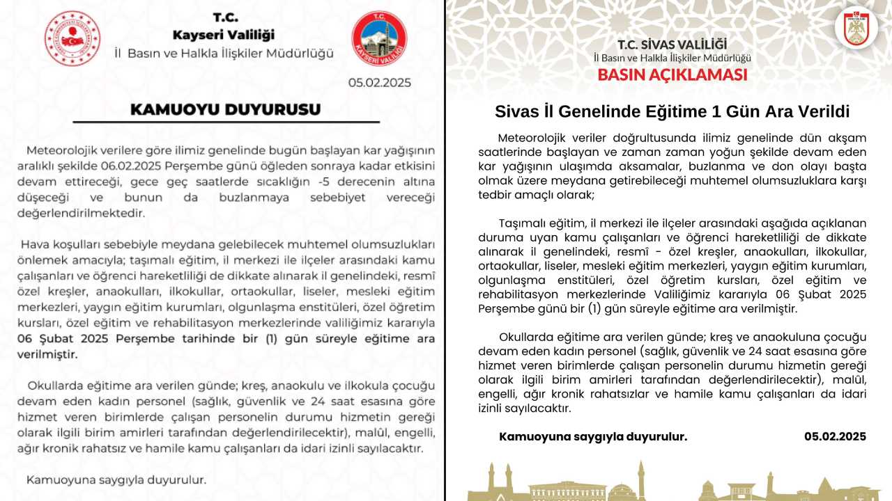 Kayseri ve Sivas'ta eğitim-öğretim 1 gün ara verildi. 