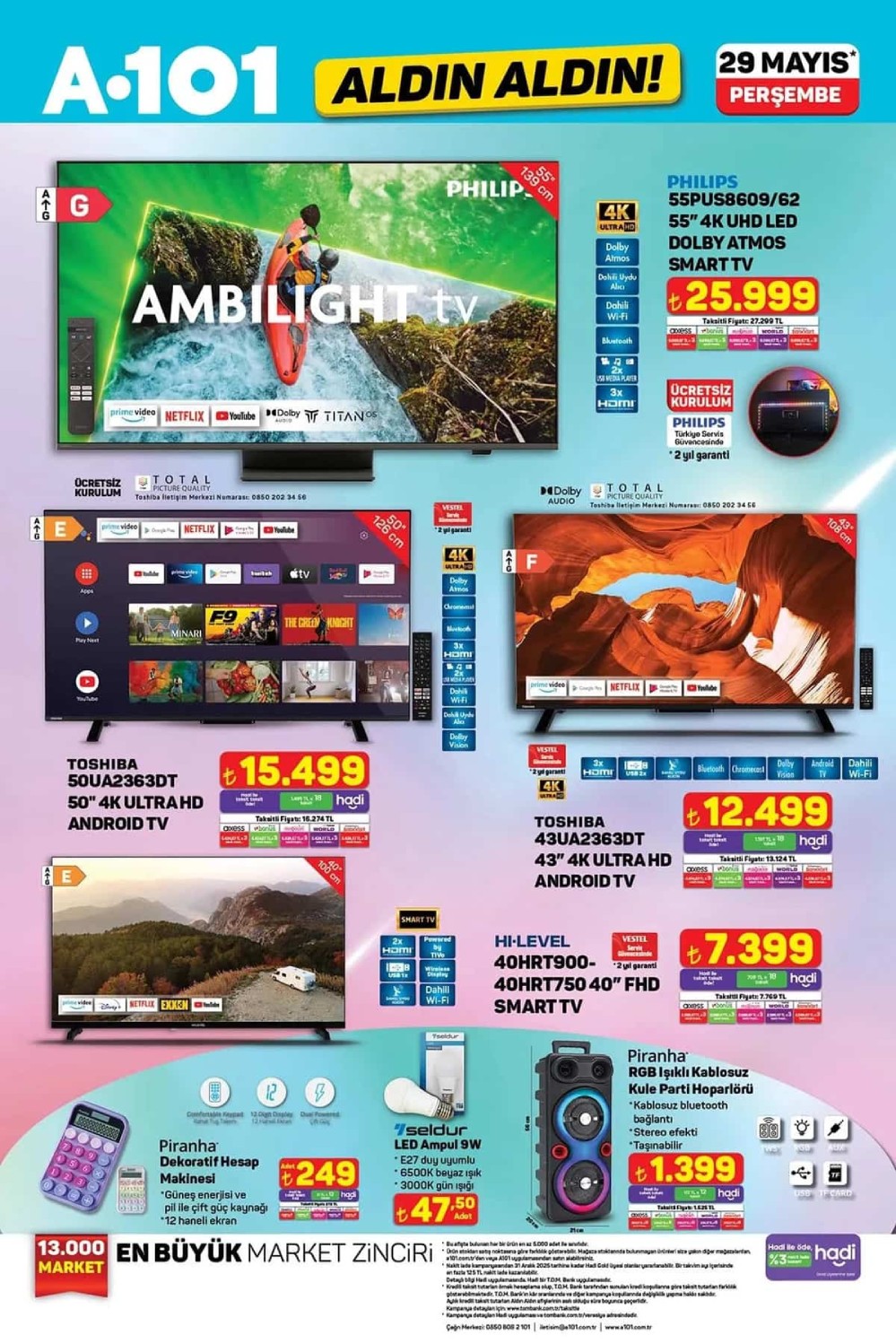 A101 29 Mayıs 2025 aktüel ürünler; Televizyon, beyaz eşya, mutfak ürünler indirime giriyor.